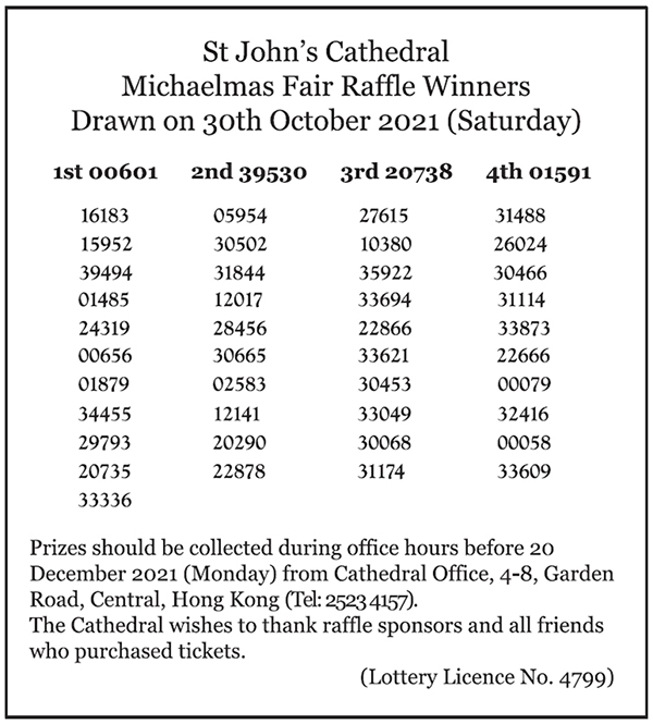 St John's Cathedral Michaelmas Fair 2021 Raffle Results